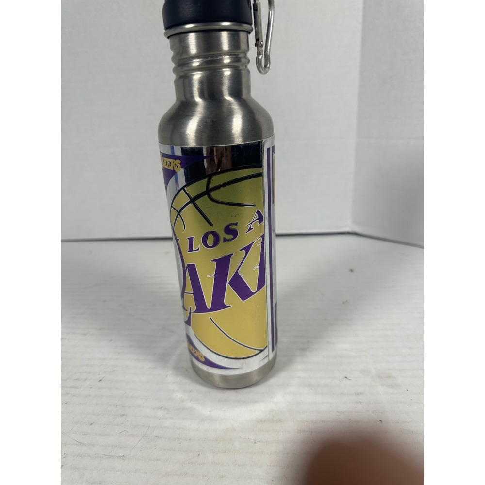 NBA Los Angeles Lakers Stainless Steel Water Bottle Silver Purple Gold Carabiner - Picture 2 of 9